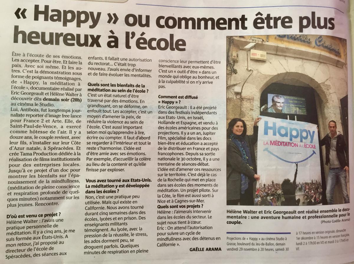 La presse en parle " Happy " ou comment être plus heureux à l'école. Article de Gaëlle Arama - Nice Matin